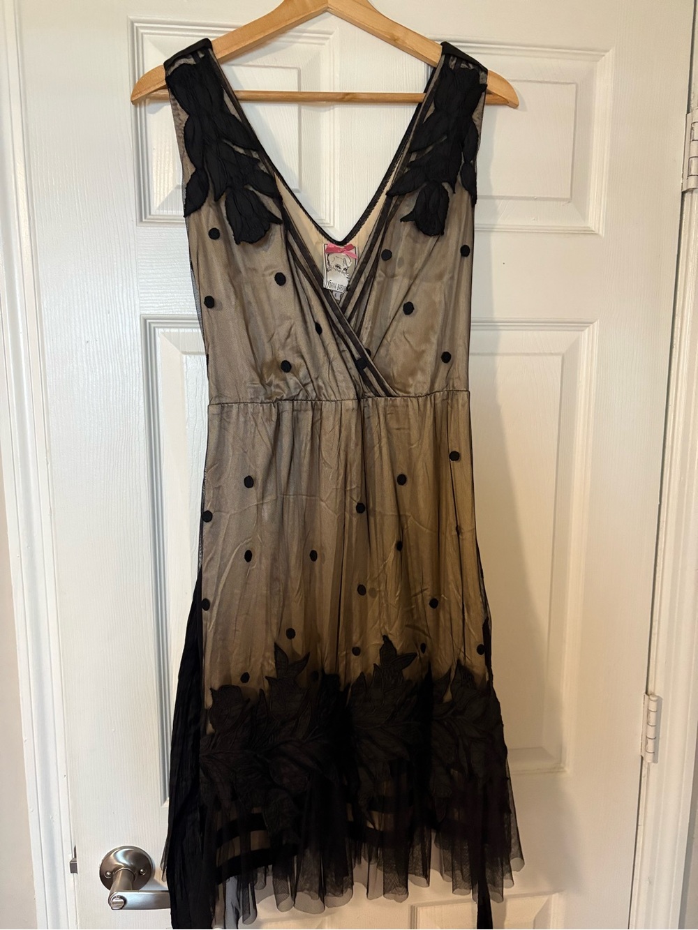 Vintage Yoana Baraschi Sheer Overlay Black Polka Dot V-Neck Dress